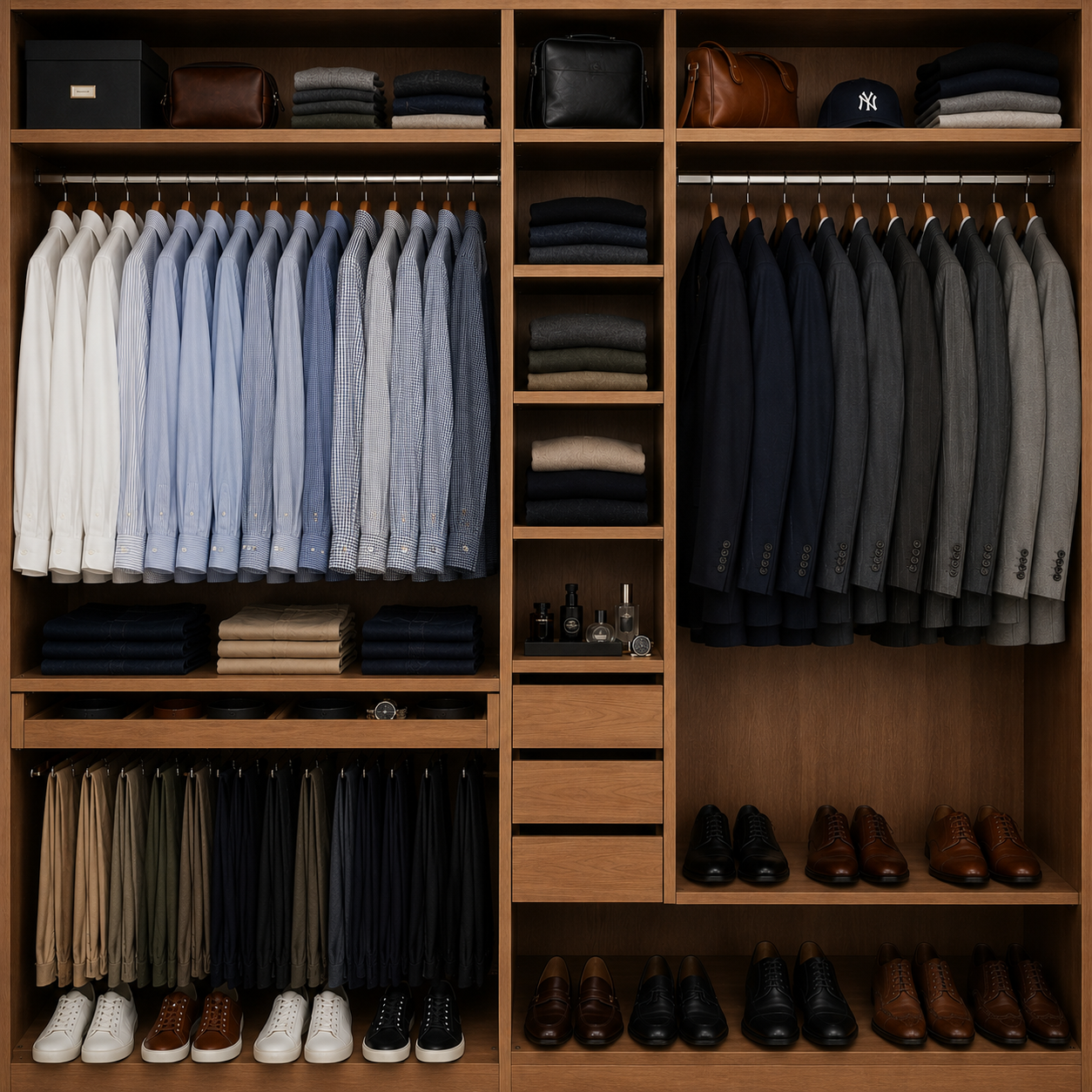 a wardrobe showcasing shirts, shoes and fashion accessories