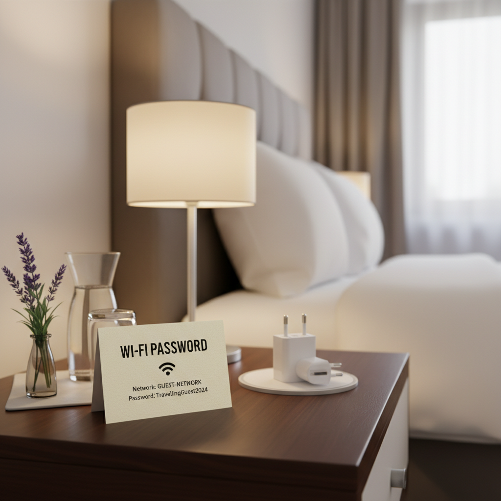 bedroom with bedside lighting, bedding and wifi password card