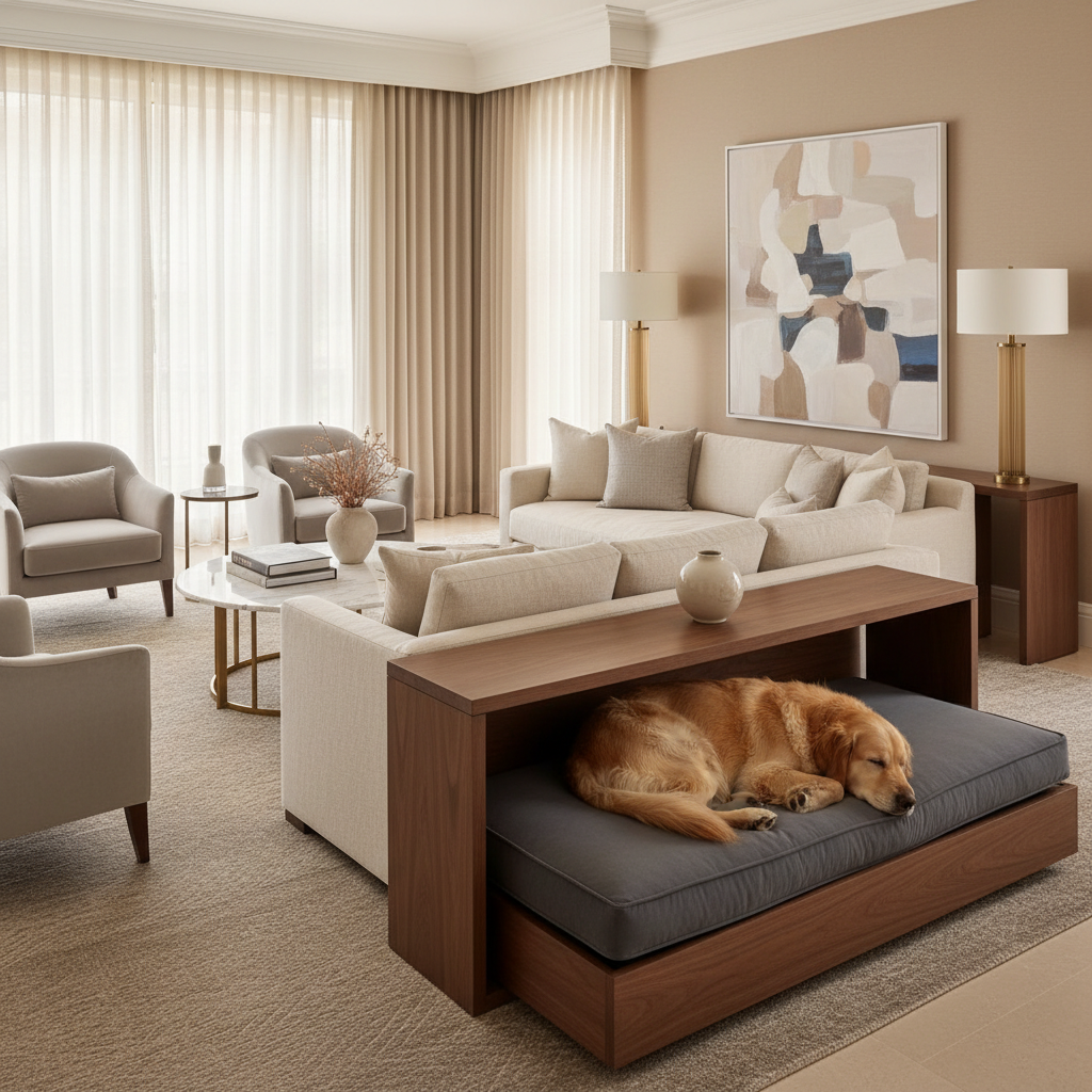 a dog in the living room relaxing in a dog space