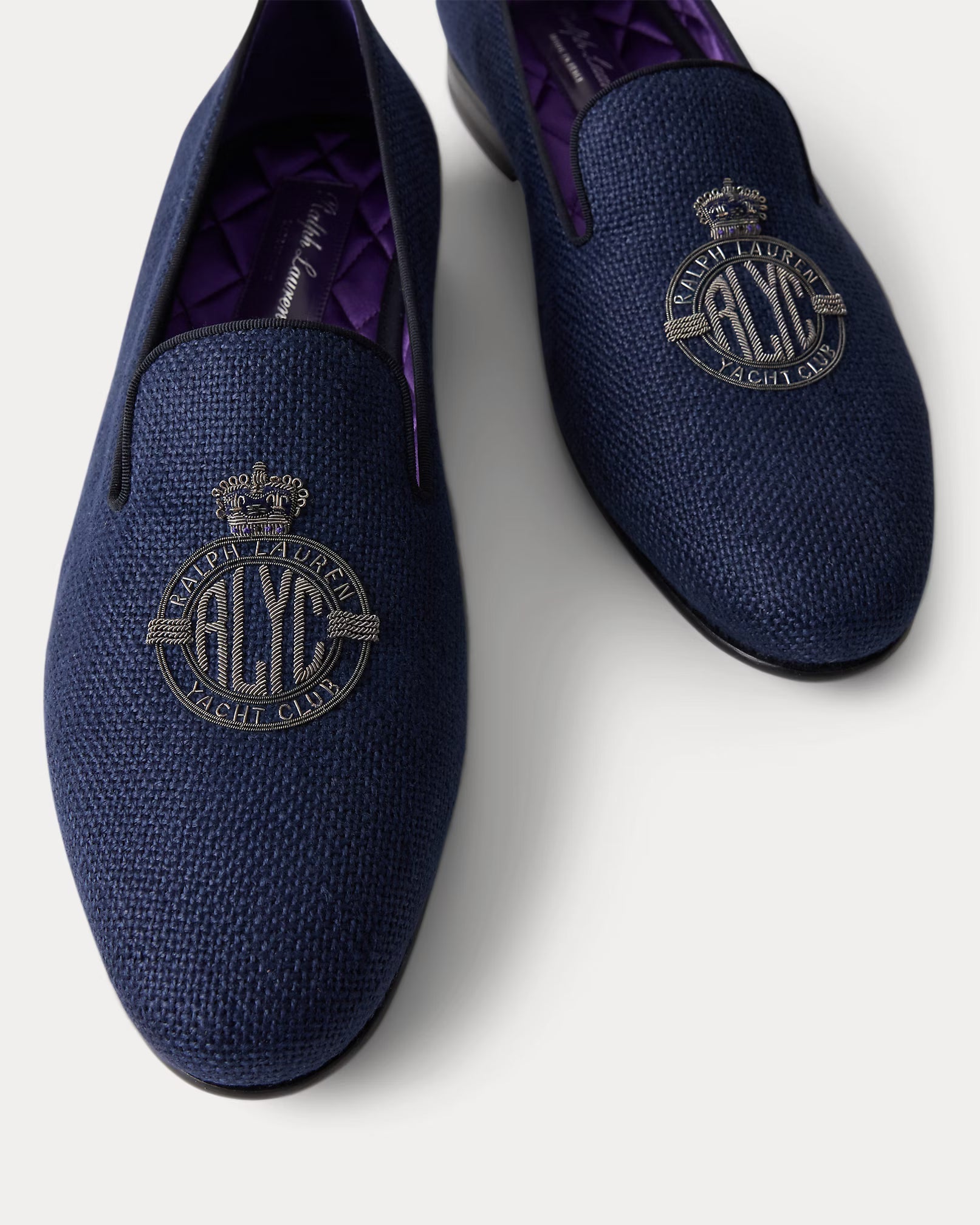 Ralph Lauren Purple Label Alonzo Bullion Crest Linen Slipper – Chairman Navy/Silver - LuxxeCoast