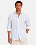 Hawes & Curtis Blue Wide Stripe Linen Shirt - Full Cutaway Collar, Single Cuff