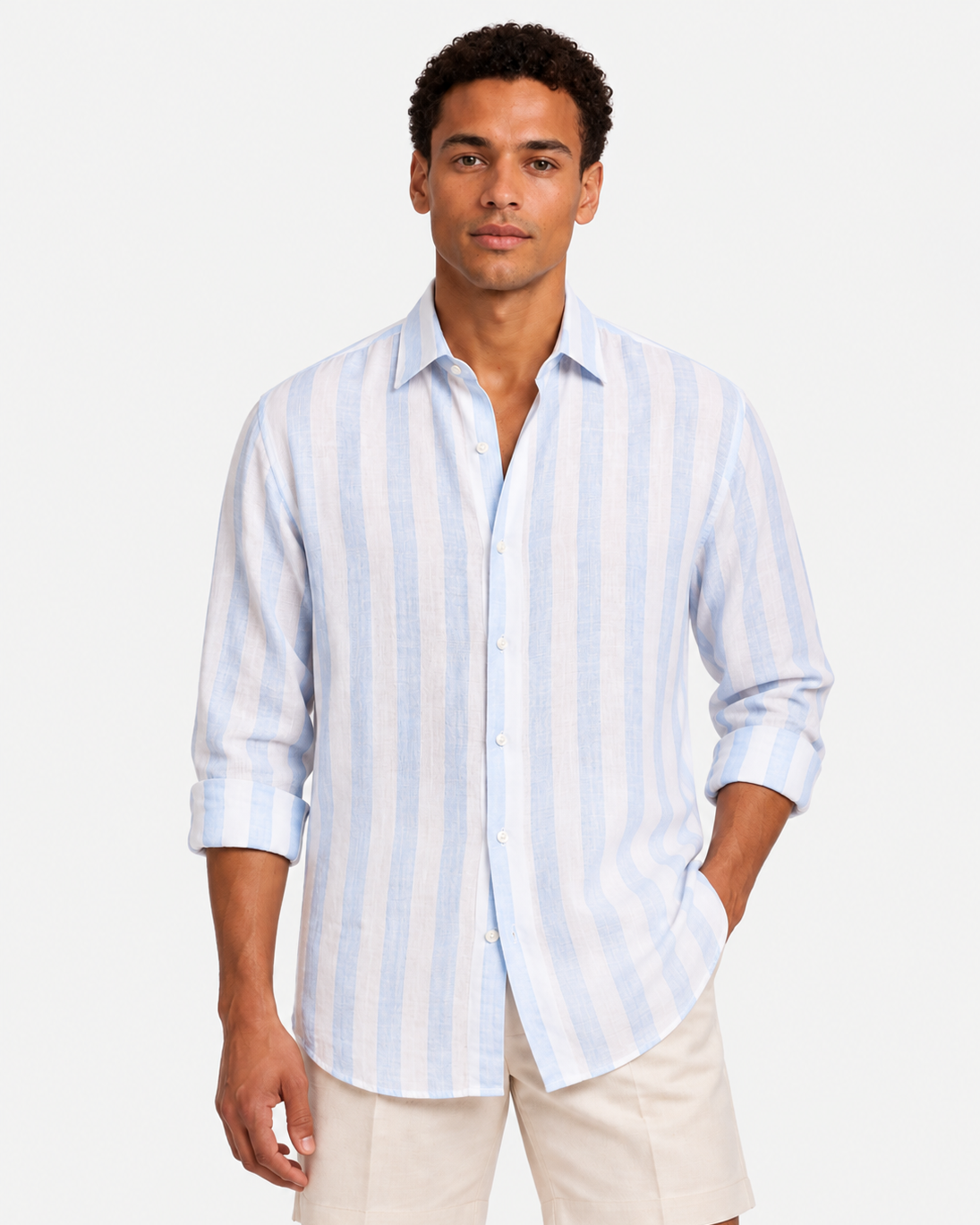 Hawes & Curtis Blue Wide Stripe Linen Shirt - Full Cutaway Collar, Single Cuff