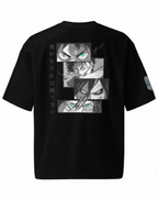 A black short-sleeve t-shirt with a large graphic print on the back featuring anime character faces in grayscale with green eyes, accompanied by vertical Japanese text.
