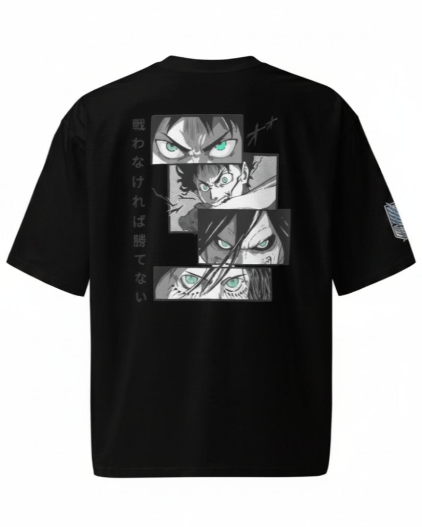 A black short-sleeve t-shirt with a large graphic print on the back featuring anime character faces in grayscale with green eyes, accompanied by vertical Japanese text.