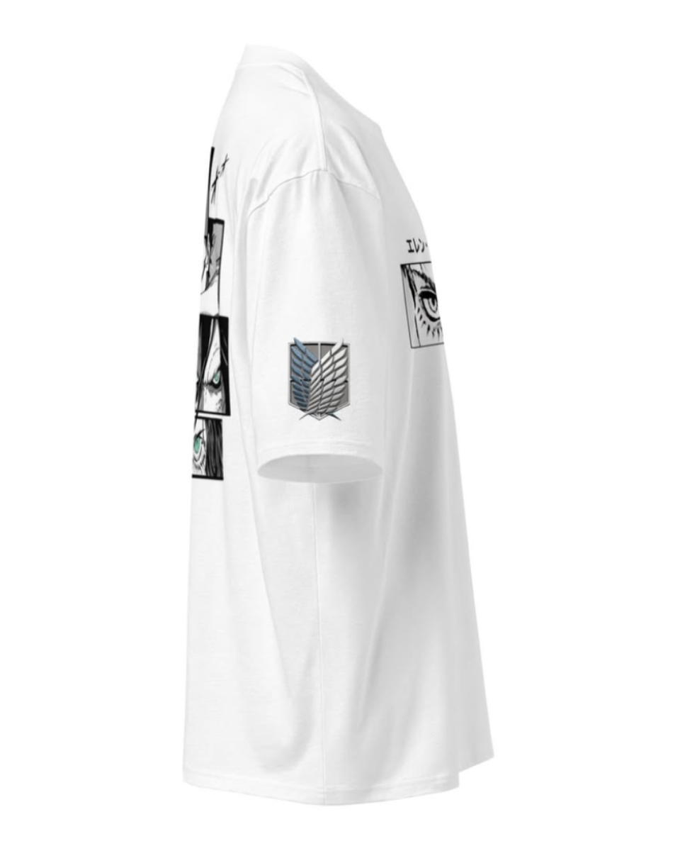 White short-sleeve T-shirt shown from the side, featuring black and gray graphic prints on the front and sleeves, displayed on a plain white background.