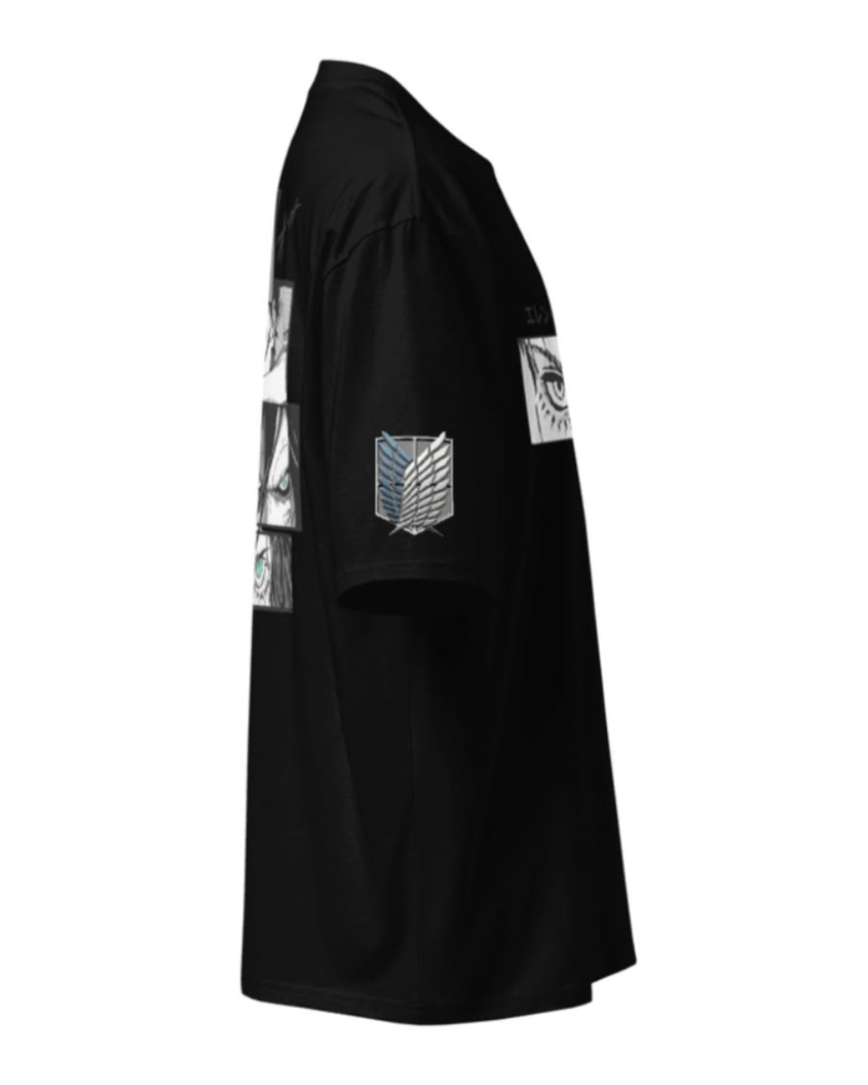 A black short-sleeve t-shirt shown from the side profile, featuring printed graphic patches on the sleeve and torso with the Attack on Titan emblem.
