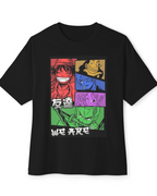 A black short-sleeve crewneck t-shirt featuring a colorful graphic print of anime characters in a grid pattern with stylized white text below, displayed on a clean white background.