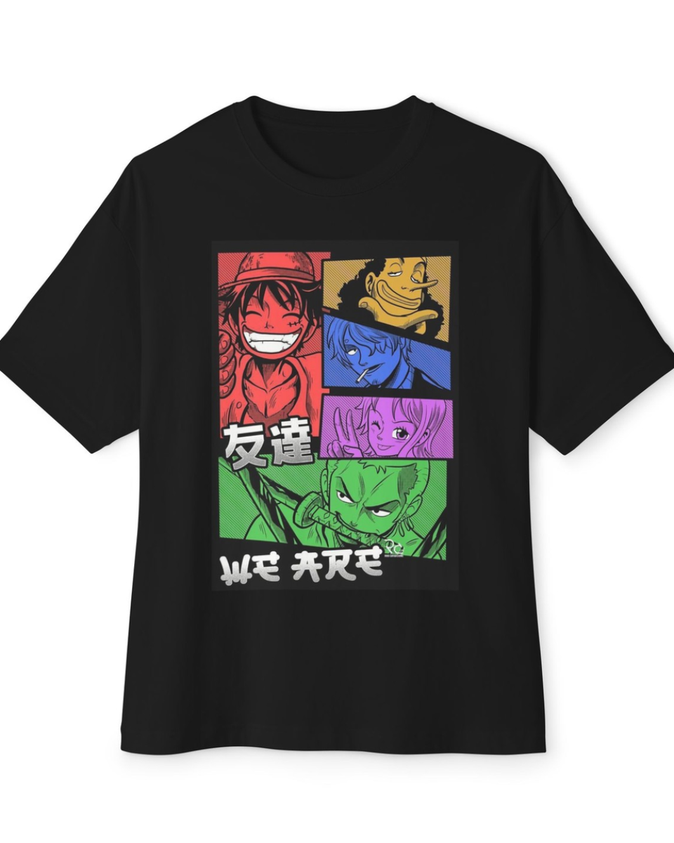 A black short-sleeve crewneck t-shirt featuring a colorful graphic print of anime characters in a grid pattern with stylized white text below, displayed on a clean white background.