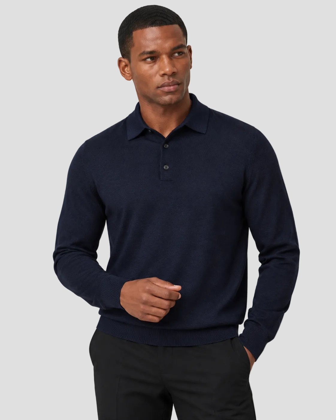 Charles Tyrwhitt Pure Merino Wool Button Neck Polo - Navy