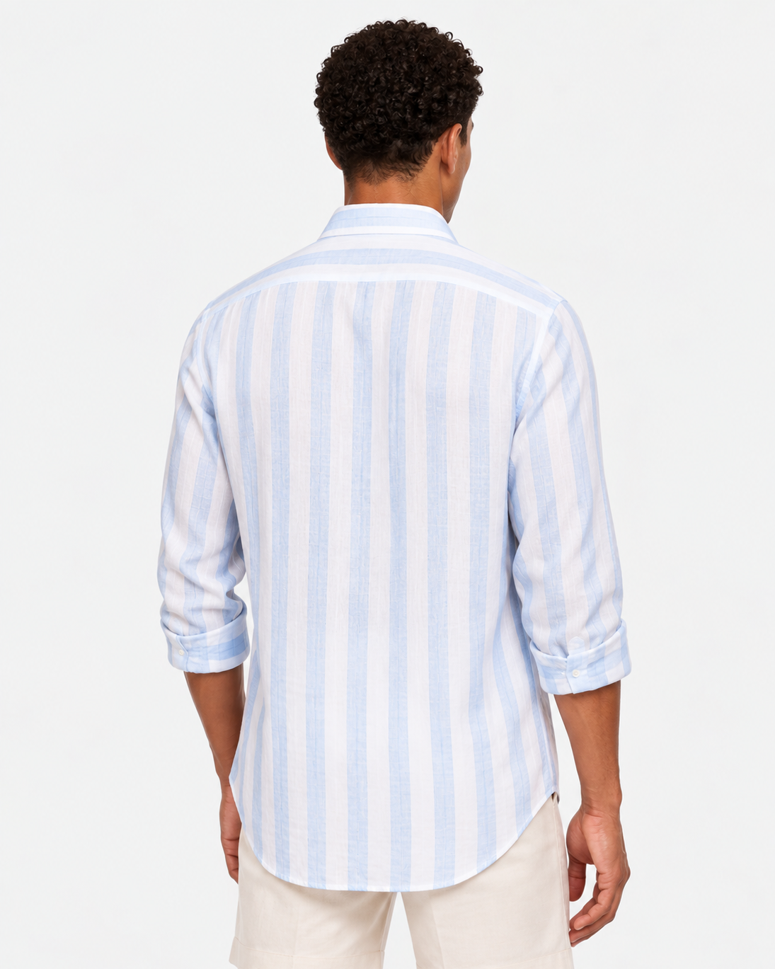 Hawes & Curtis Blue Wide Stripe Linen Shirt - Full Cutaway Collar, Single Cuff