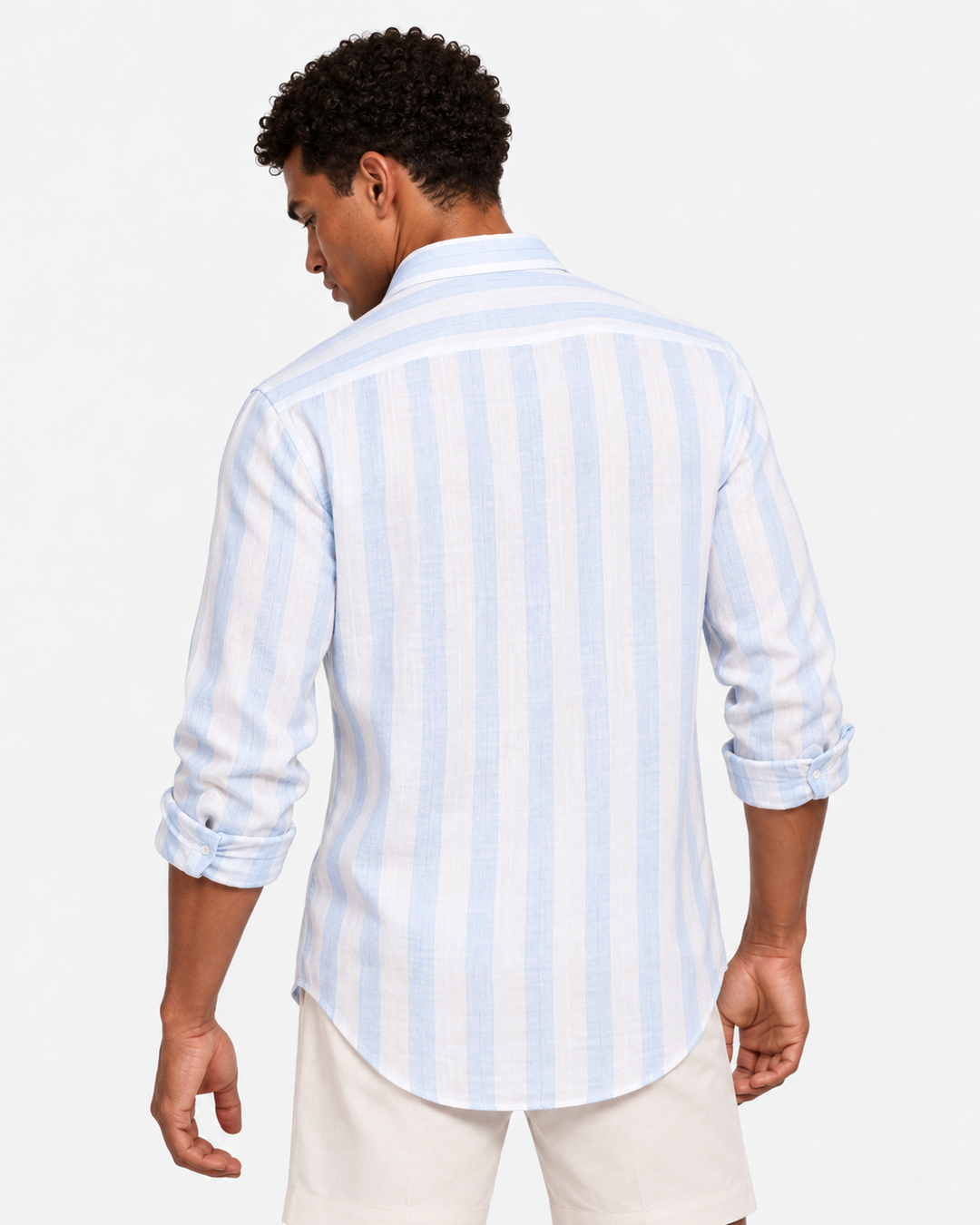 Hawes & Curtis Blue Wide Stripe Linen Shirt - Full Cutaway Collar, Single Cuff