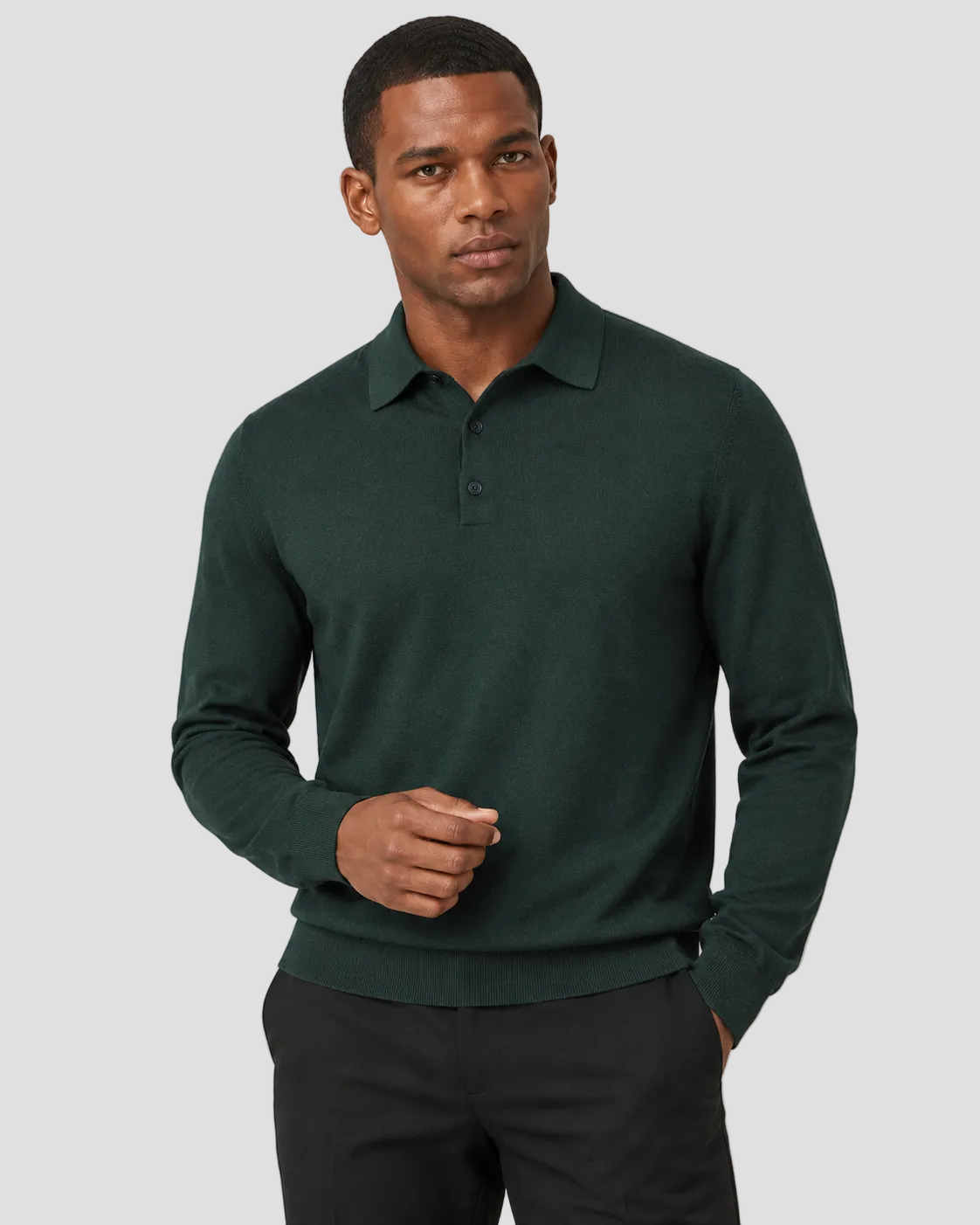 Charles Tyrwhitt Pure Merino Wool Button Neck Polo - Forest Green