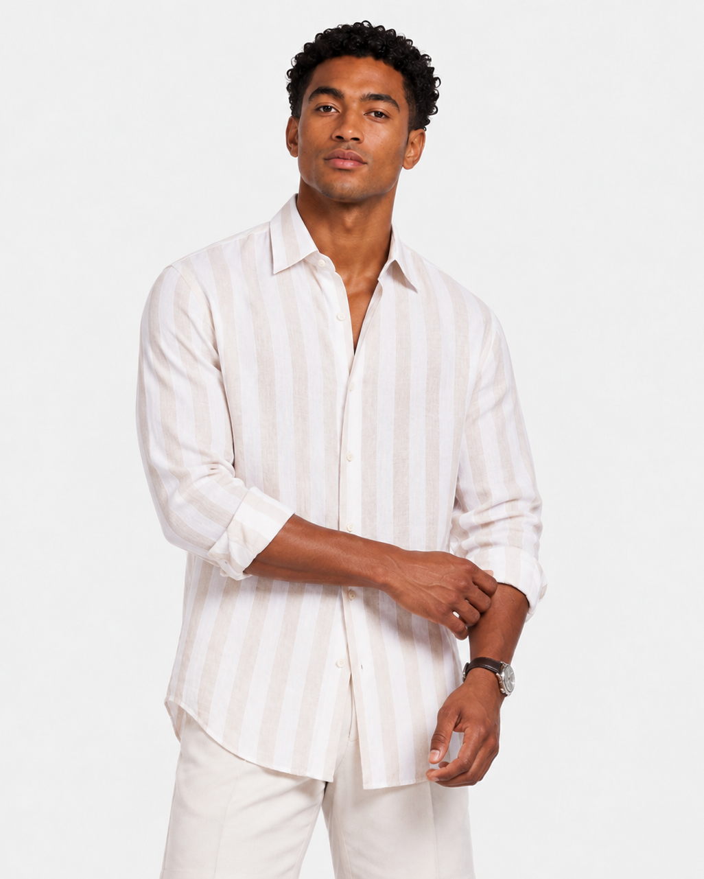 Hawes & Curtis Natural & White Wide Stripe Linen Shirt - Full Cutaway Collar, Single Cuff