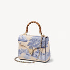Aspinal of London Midi Mayfair® Top Handle Bag – Sky Blue Toile De Jouy Hand Embroidery on Ivory Canvas Raffia