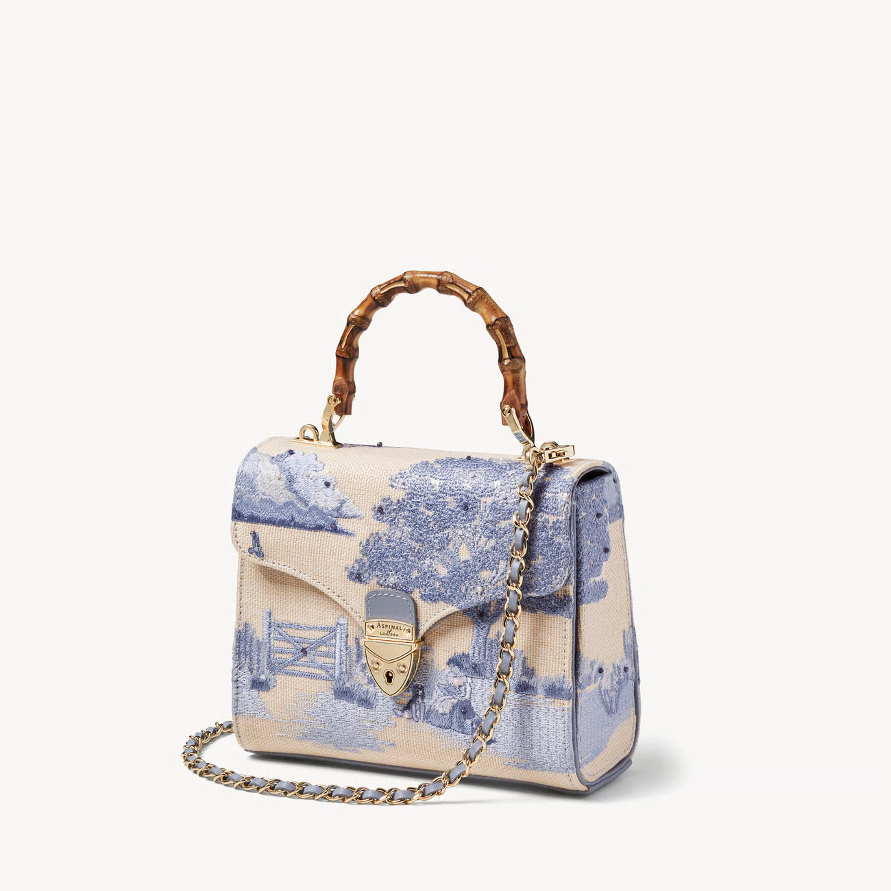 Aspinal of London Midi Mayfair® Top Handle Bag – Sky Blue Toile De Jouy Hand Embroidery on Ivory Canvas Raffia