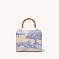 Aspinal of London Midi Mayfair® Top Handle Bag – Sky Blue Toile De Jouy Hand Embroidery on Ivory Canvas Raffia