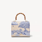 Aspinal of London Midi Mayfair® Top Handle Bag – Sky Blue Toile De Jouy Hand Embroidery on Ivory Canvas Raffia