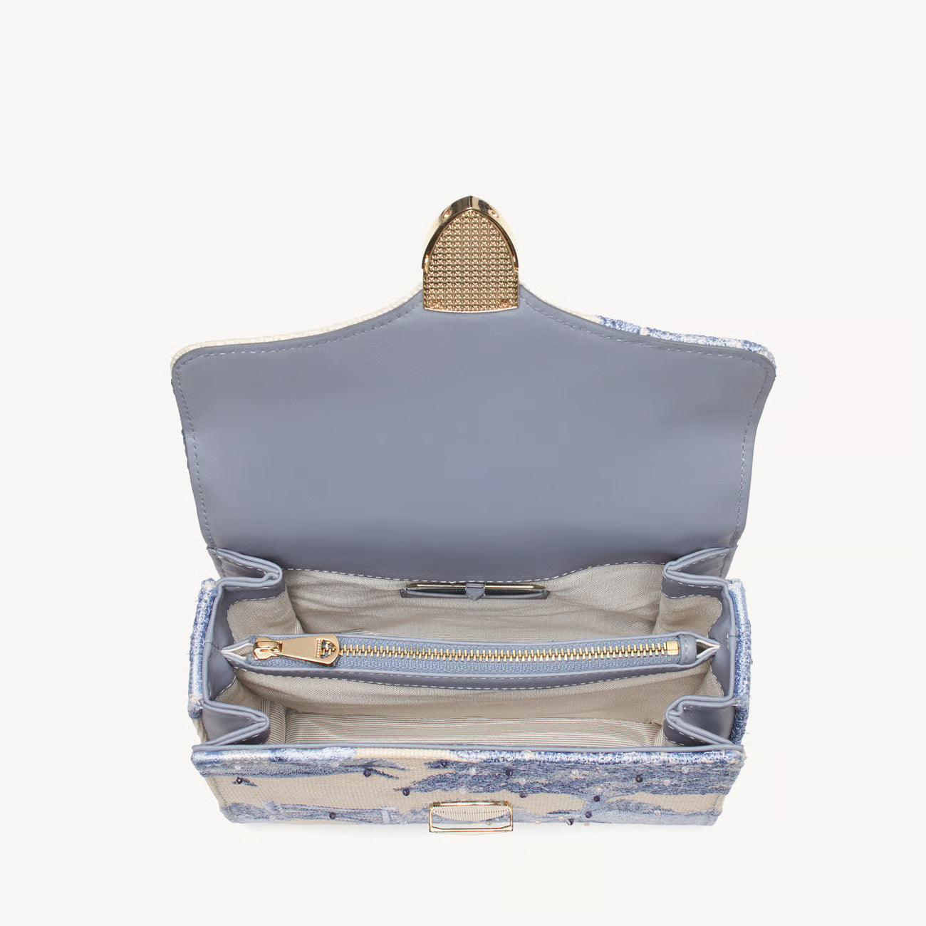 Aspinal of London Midi Mayfair® Top Handle Bag – Sky Blue Toile De Jouy Hand Embroidery on Ivory Canvas Raffia