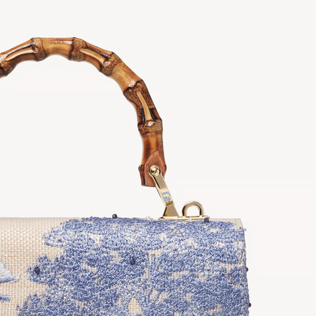 Aspinal of London Midi Mayfair® Top Handle Bag – Sky Blue Toile De Jouy Hand Embroidery on Ivory Canvas Raffia