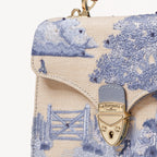 Aspinal of London Midi Mayfair® Top Handle Bag – Sky Blue Toile De Jouy Hand Embroidery on Ivory Canvas Raffia