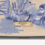Aspinal of London Midi Mayfair® Top Handle Bag – Sky Blue Toile De Jouy Hand Embroidery on Ivory Canvas Raffia