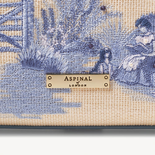 Aspinal of London Midi Mayfair® Top Handle Bag – Sky Blue Toile De Jouy Hand Embroidery on Ivory Canvas Raffia