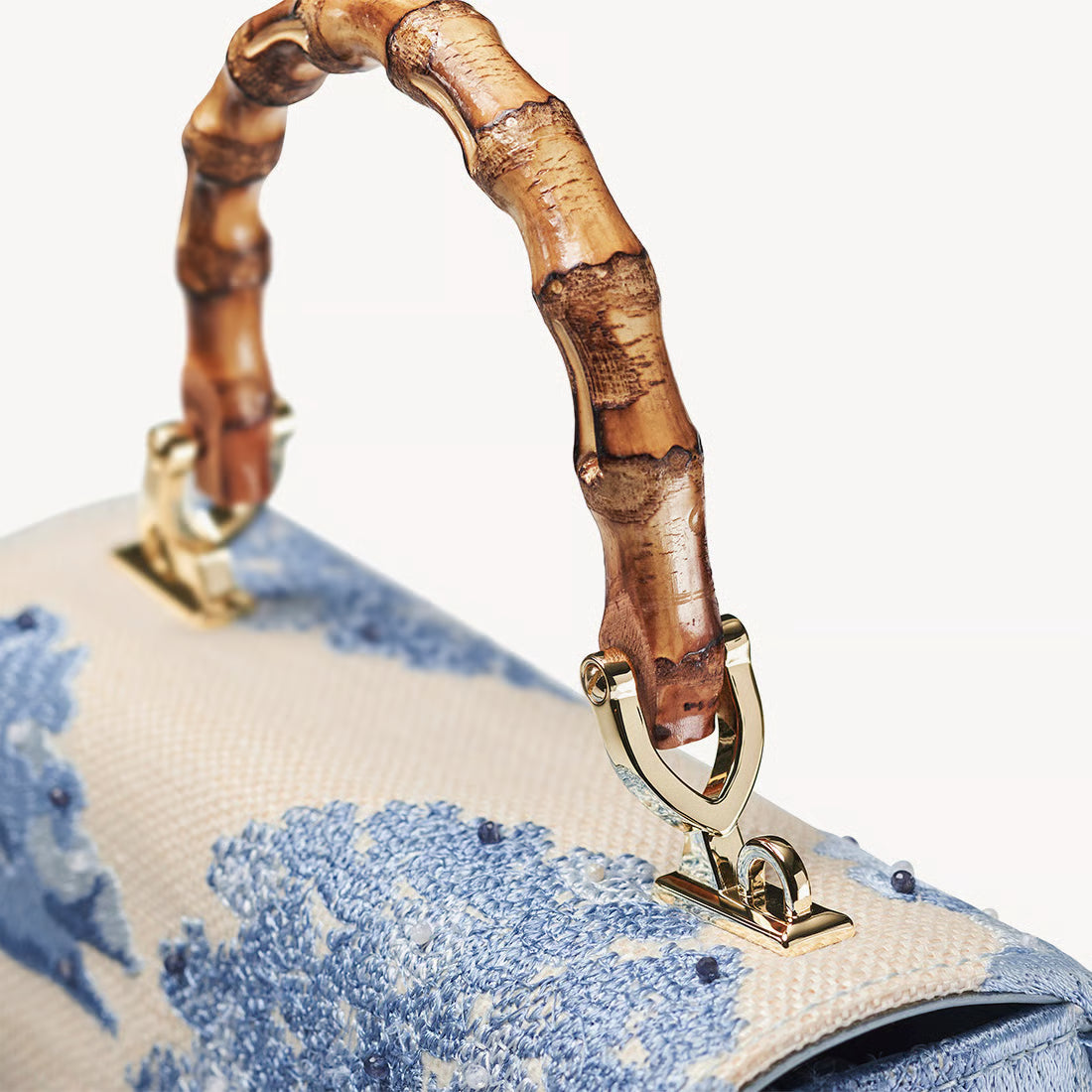 Aspinal of London Midi Mayfair® Top Handle Bag – Sky Blue Toile De Jouy Hand Embroidery on Ivory Canvas Raffia