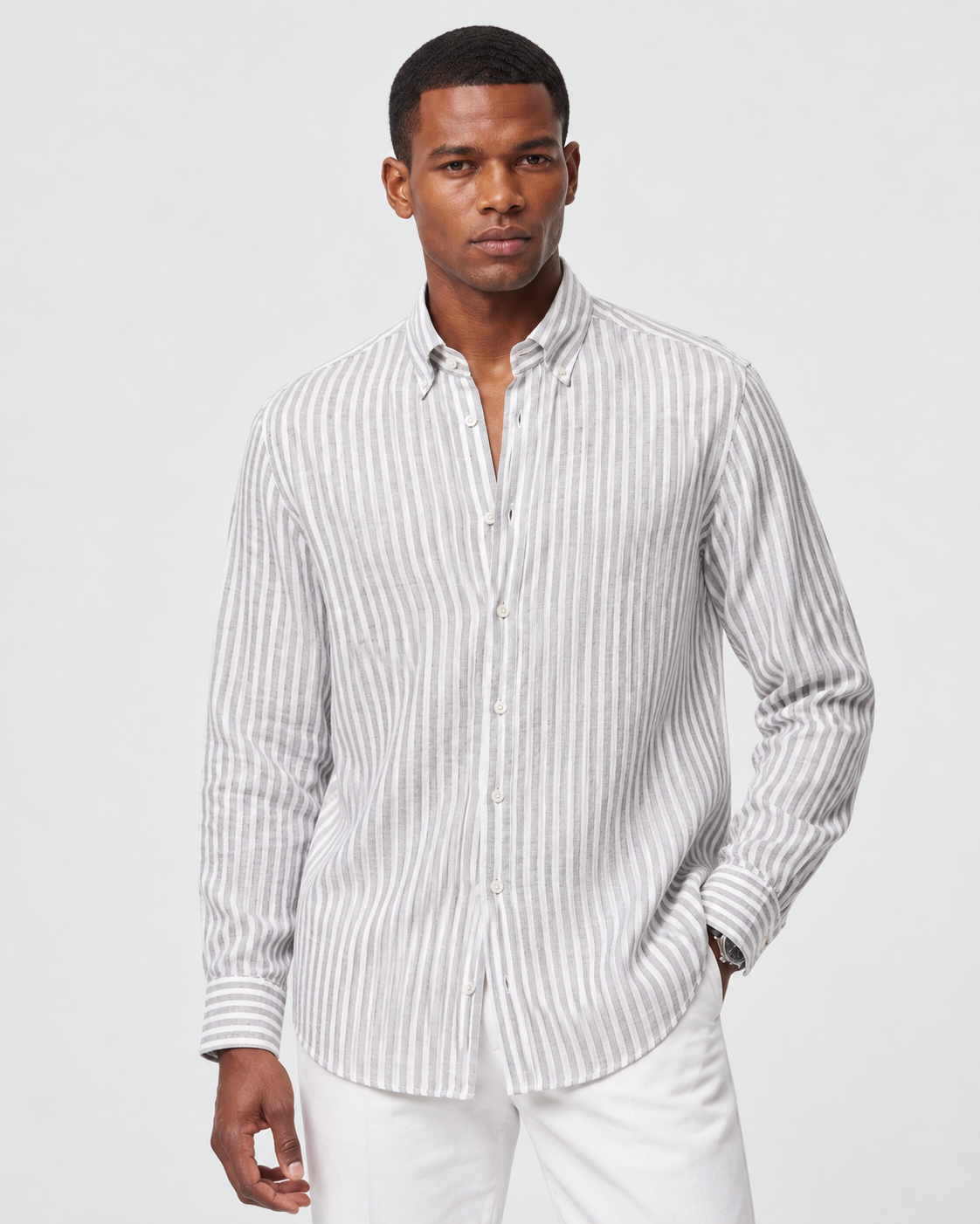 Hawes & Curtis Khaki & White Stripe Linen Shirt - Button Down Collar, Single Cuff