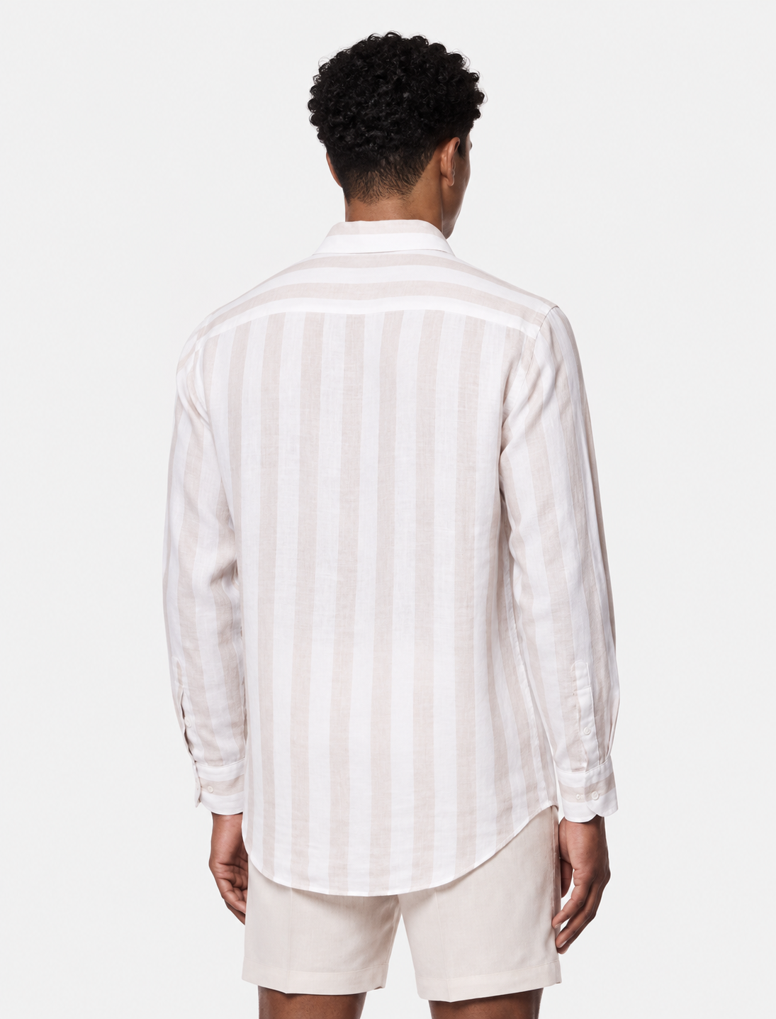 Hawes & Curtis Natural & White Wide Stripe Linen Shirt - Full Cutaway Collar, Single Cuff