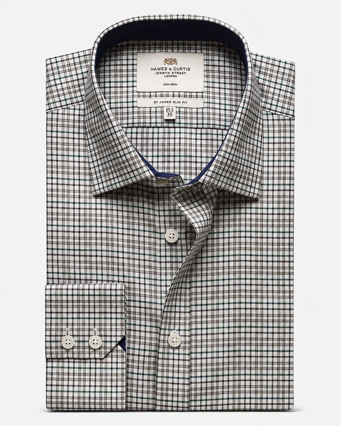 Hawes & Curtis Slim Fit Green & Brown Check Non-Iron Shirt - Contrast Detail