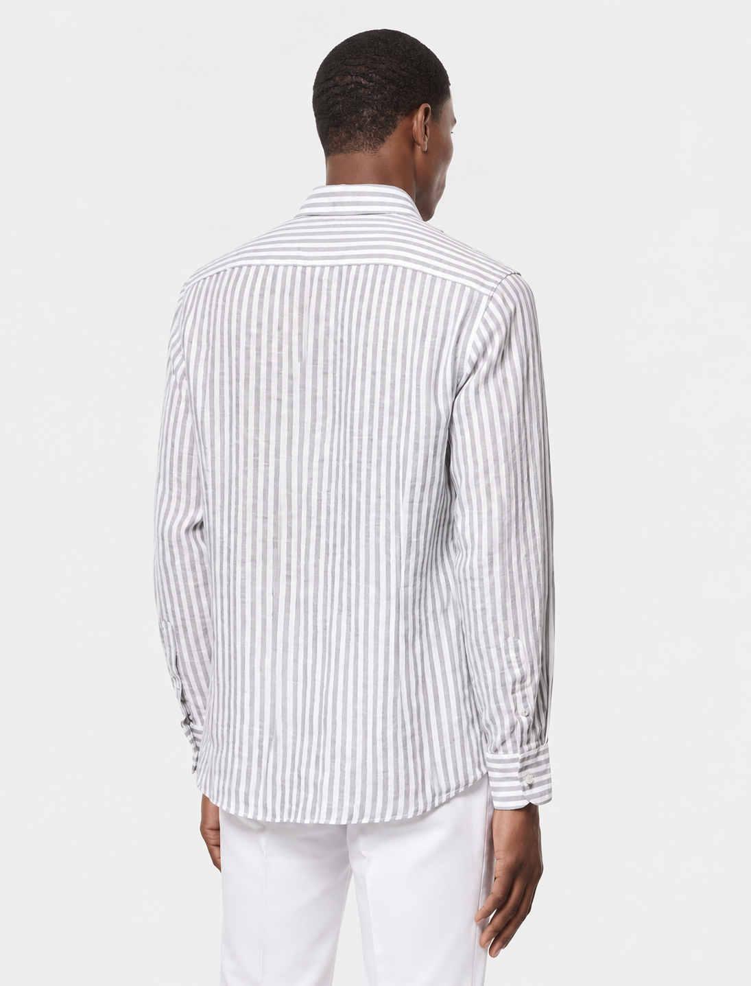 Hawes & Curtis Khaki & White Stripe Linen Shirt - Button Down Collar, Single Cuff