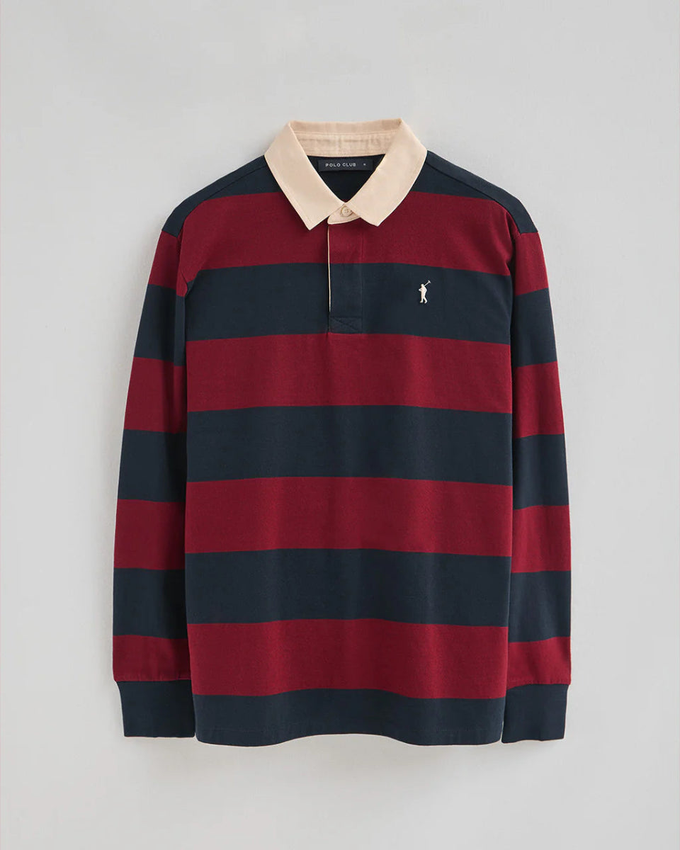 Polo Club Long-Sleeve Striped Polo Shirt – Navy Blue & Maroon