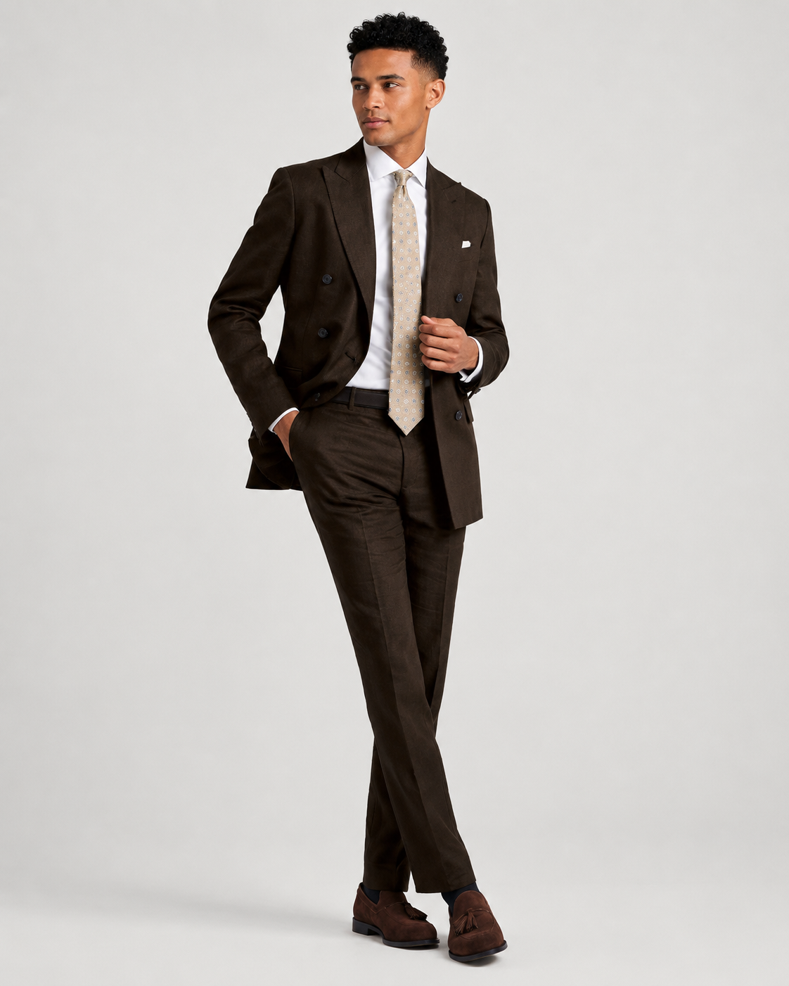 Charles Tyrwhitt Double Breasted Linen Suit - Chocolate Brown