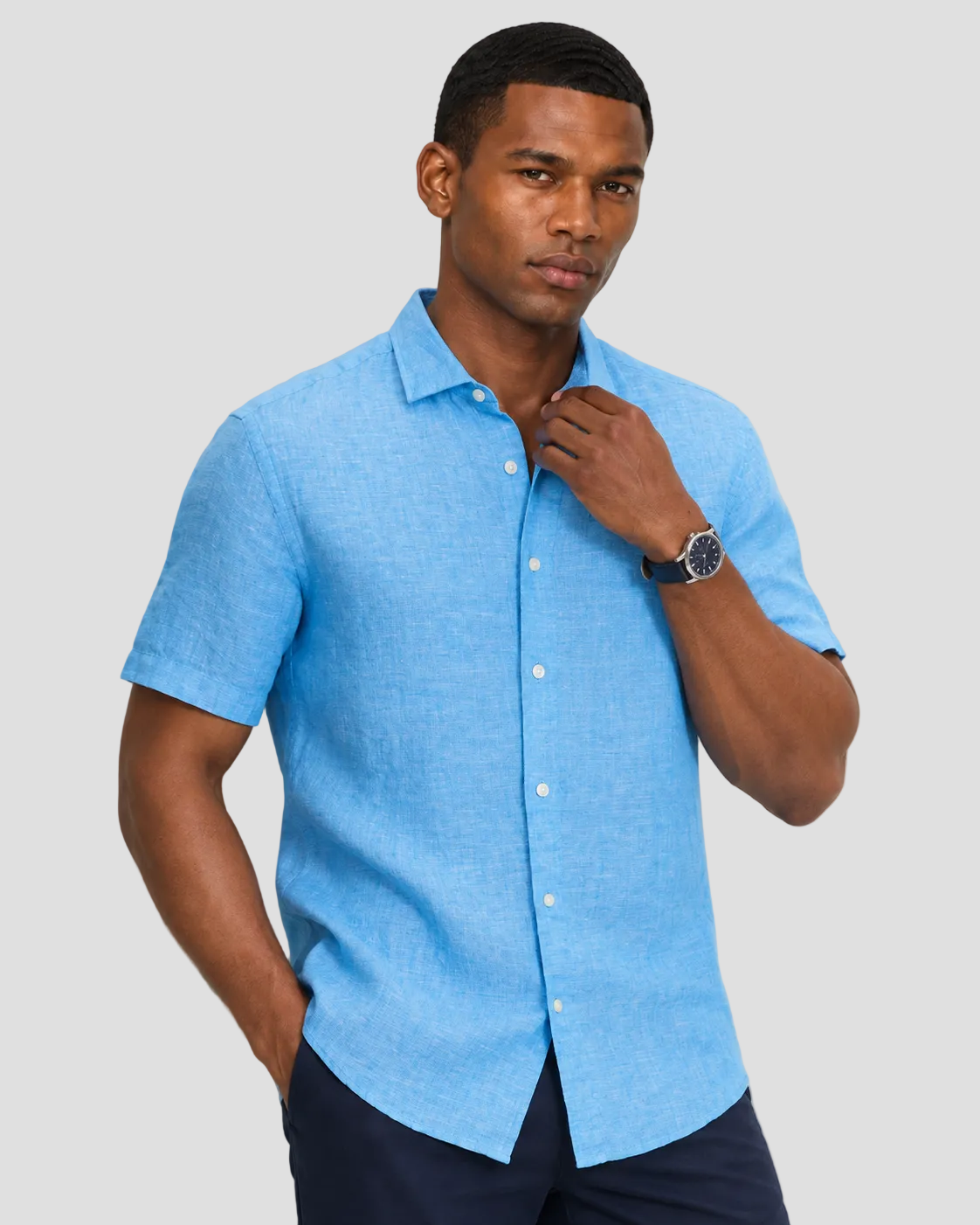 Charles Tyrwhitt Pure Linen Short Sleeve Shirt - Ocean Blue