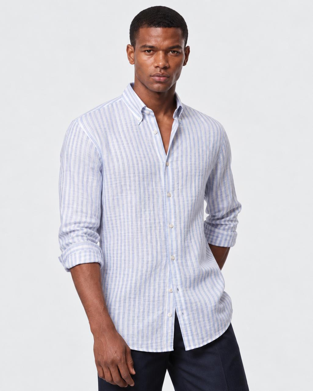Hawes & Curtis Navy & White Stripe Linen Shirt - Button Down Collar, Single Cuff