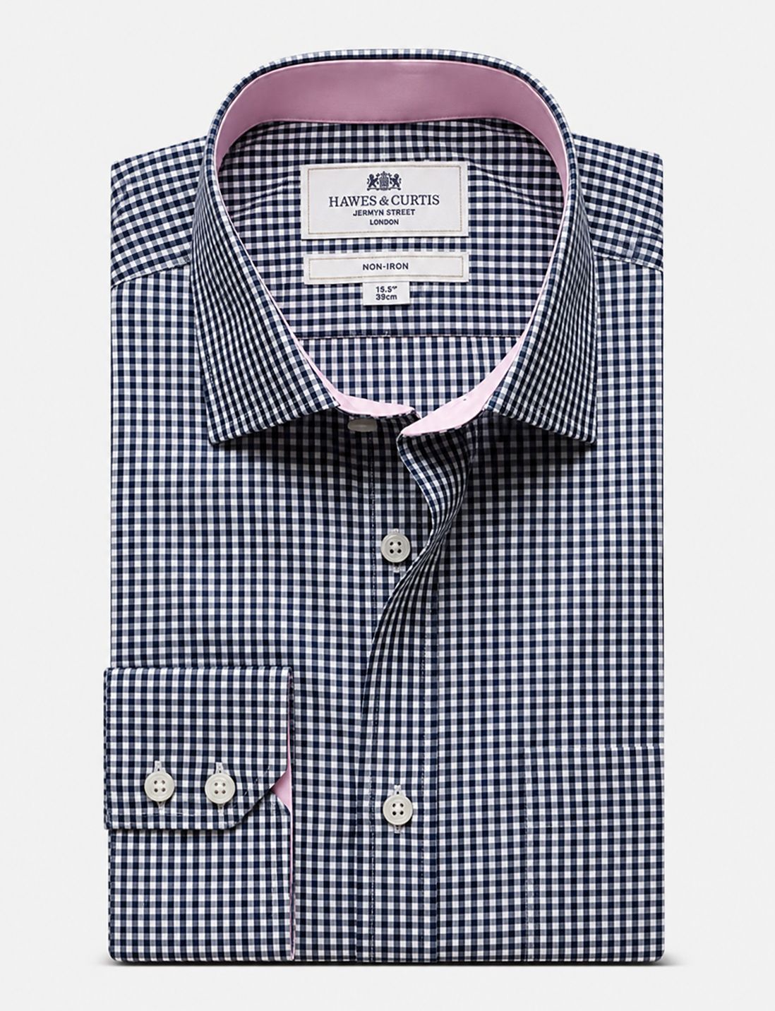 Hawes & Curtis Slim Fit Navy & White Gingham Check Non-Iron Shirt - Contrast Detail