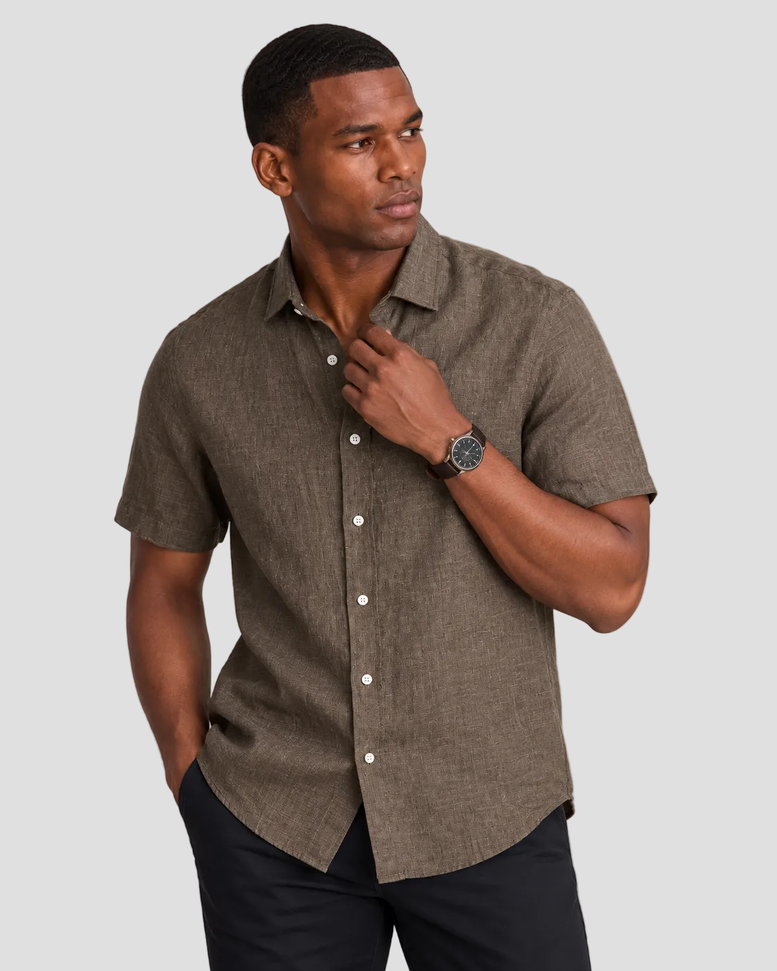 Charles Tyrwhitt Pure Linen Short Sleeve Shirt - Mocha