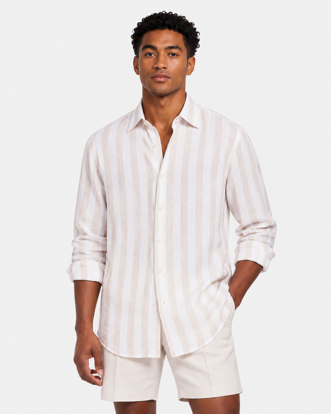 Hawes & Curtis Natural & White Wide Stripe Linen Shirt - Full Cutaway Collar, Single Cuff