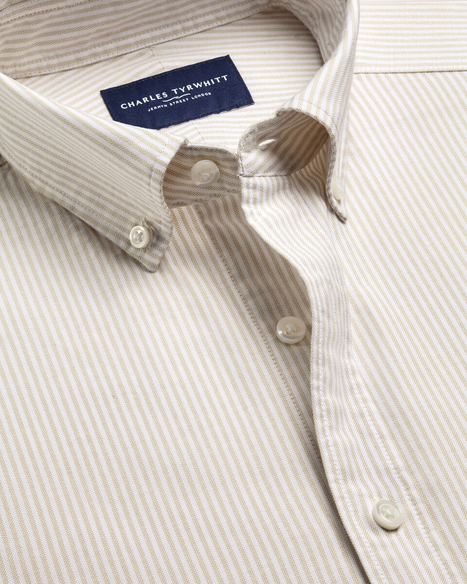 Charles Tyrwhitt Button-Down Stretch Washed Oxford Stripe Shirt - Stone