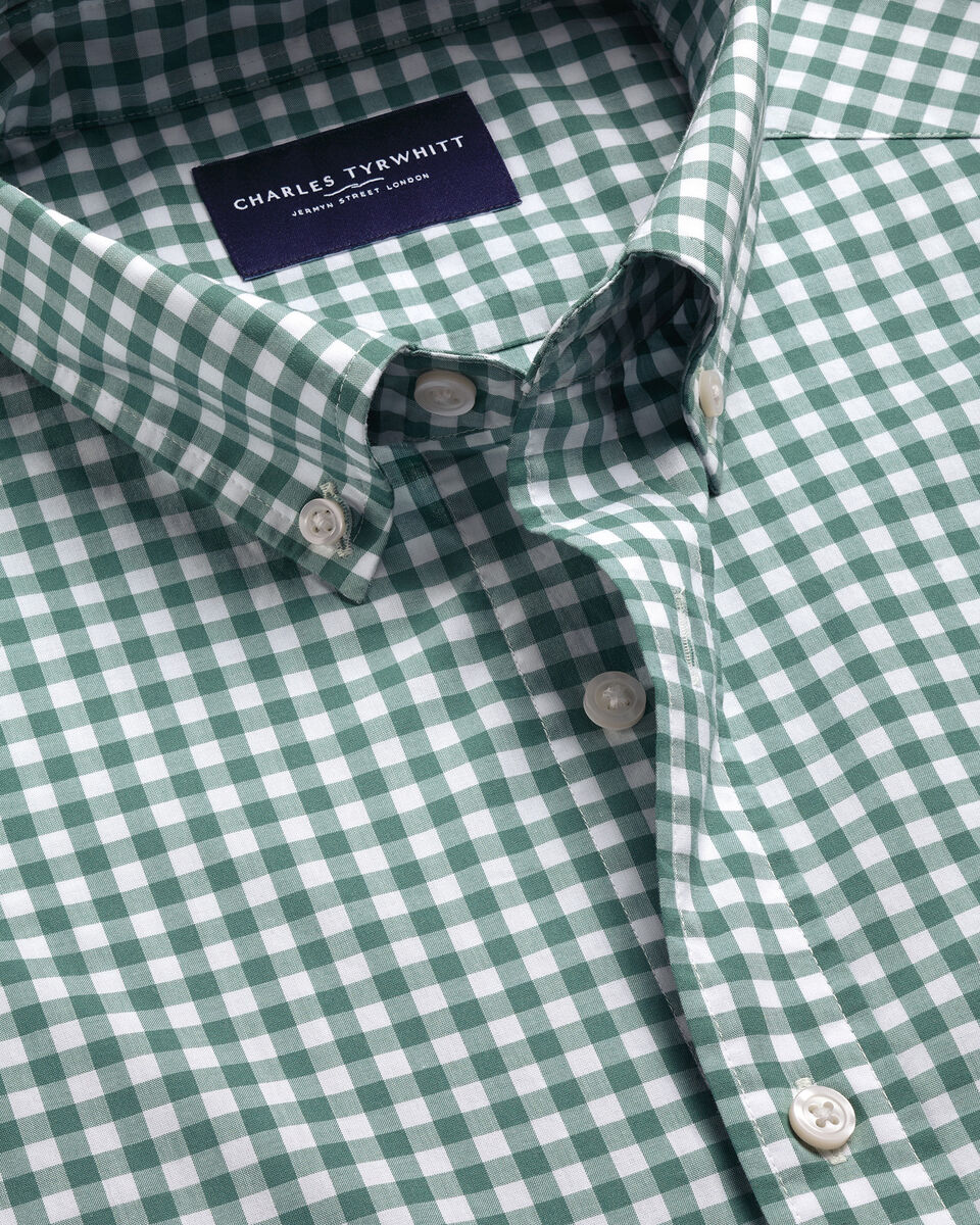 Charles Tyrwhitt Button-Down Stretch Washed Poplin Gingham Shirt - Green