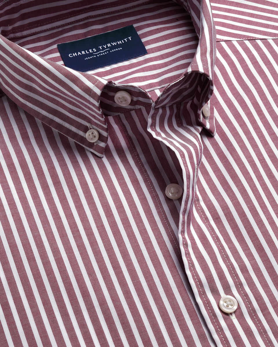 Charles Tyrwhitt Button-Down Stretch Washed Poplin Stripe Shirt - Burgundy