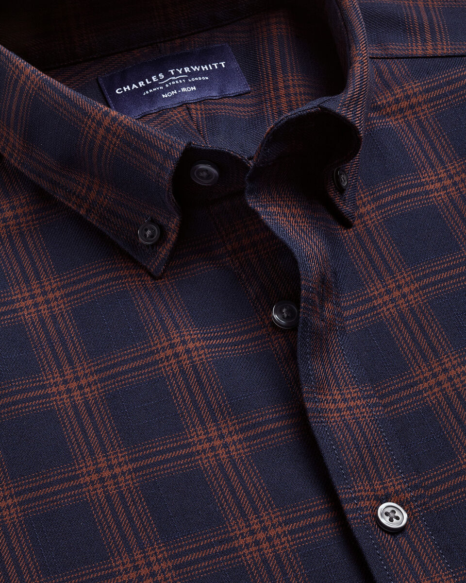 Charles Tyrwhitt Non-Iron Twill Check Shirt - Navy & Amber