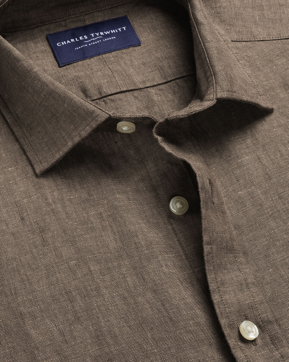 Charles Tyrwhitt Pure Linen Short Sleeve Shirt - Mocha