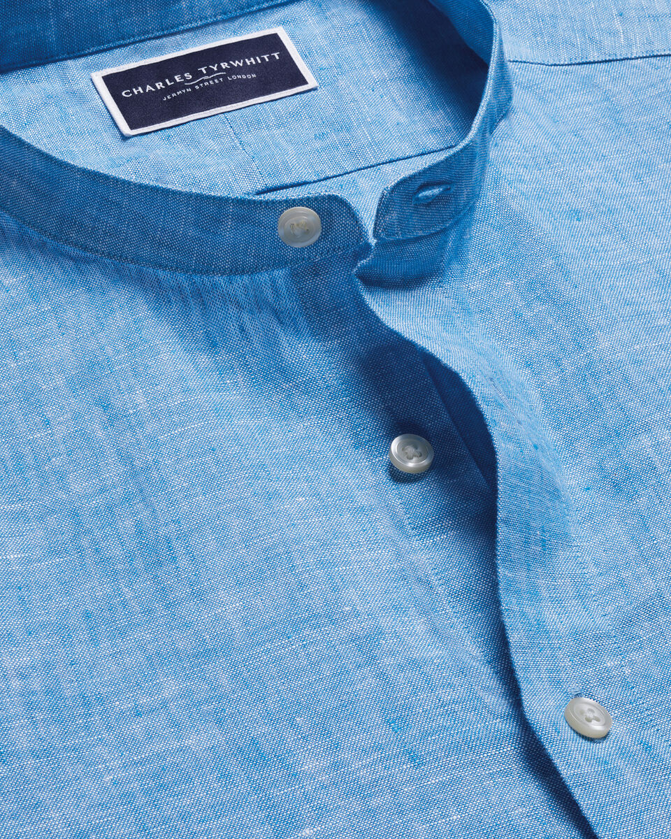 Charles Tyrwhitt Collarless Pure Linen Shirt - Ocean Blue