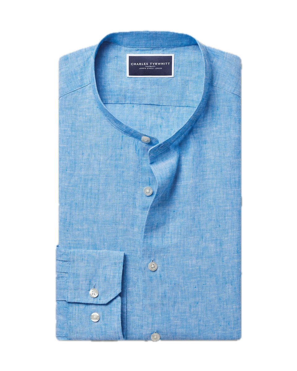 Charles Tyrwhitt Collarless Pure Linen Shirt - Ocean Blue