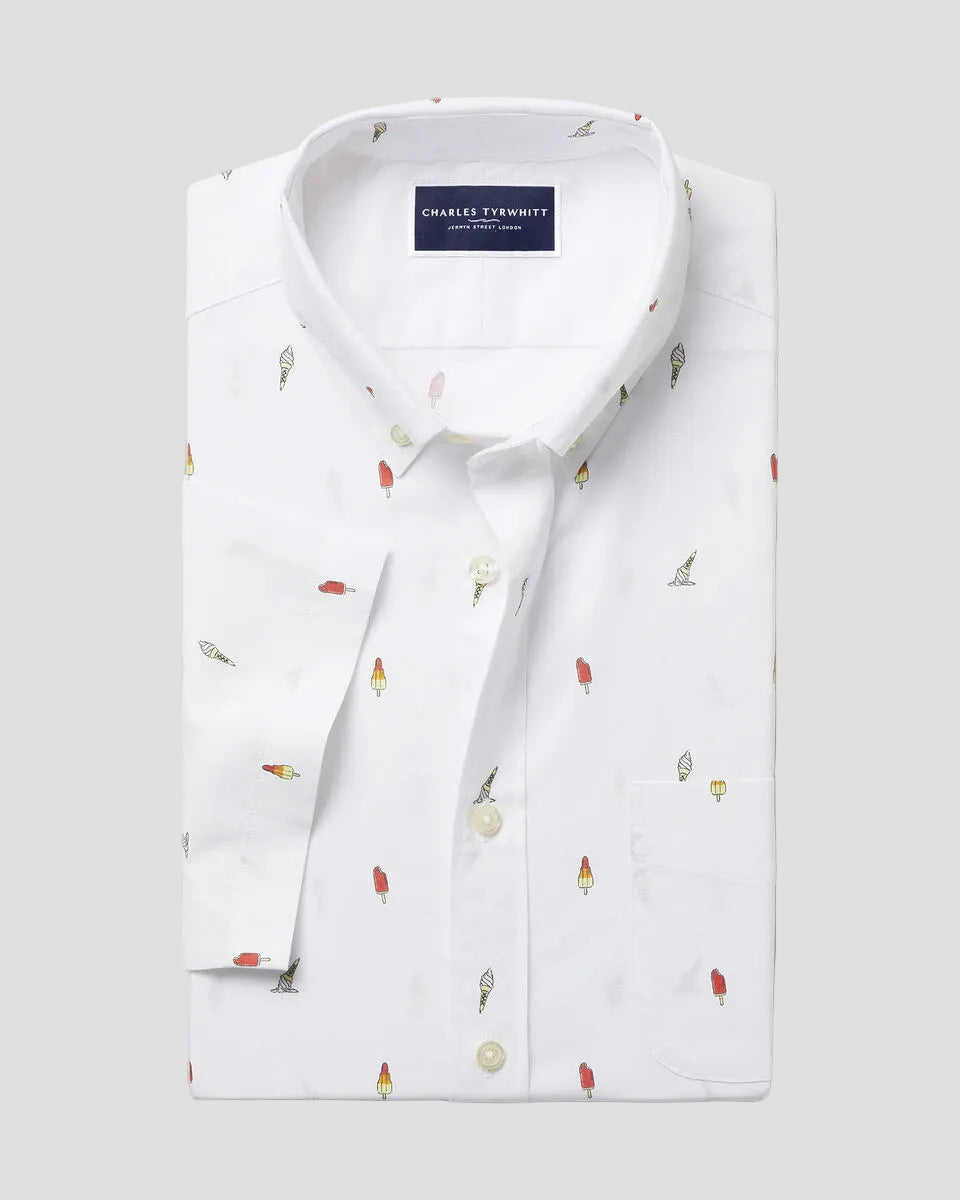Charles Tyrwhitt Short Sleeve Non-Iron Poplin Ice Cream Print Shirt - White