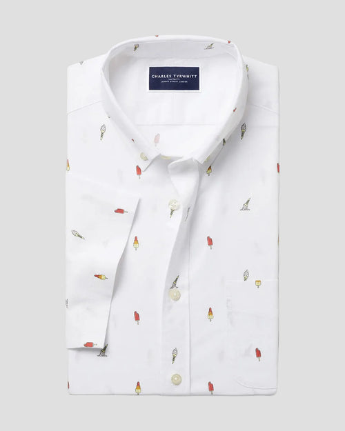 Charles Tyrwhitt Short Sleeve Non-Iron Poplin Ice Cream Print Shirt - White