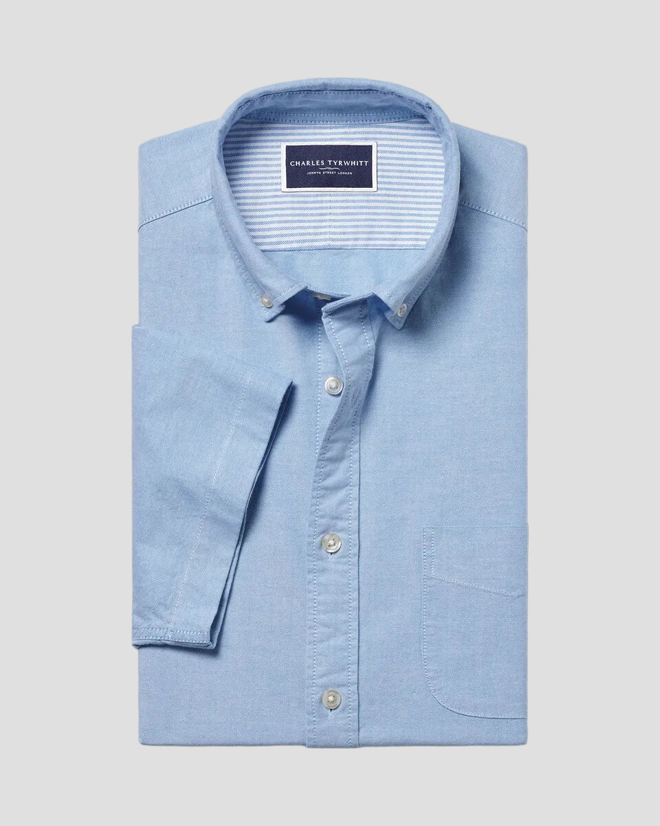 Charles Tyrwhitt Short Sleeve Stretch Washed Oxford Shirt - Sky Blue