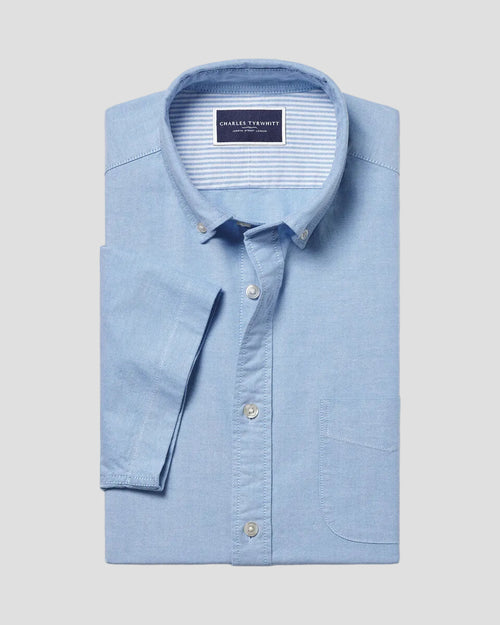Charles Tyrwhitt Short Sleeve Stretch Washed Oxford Shirt - Sky Blue
