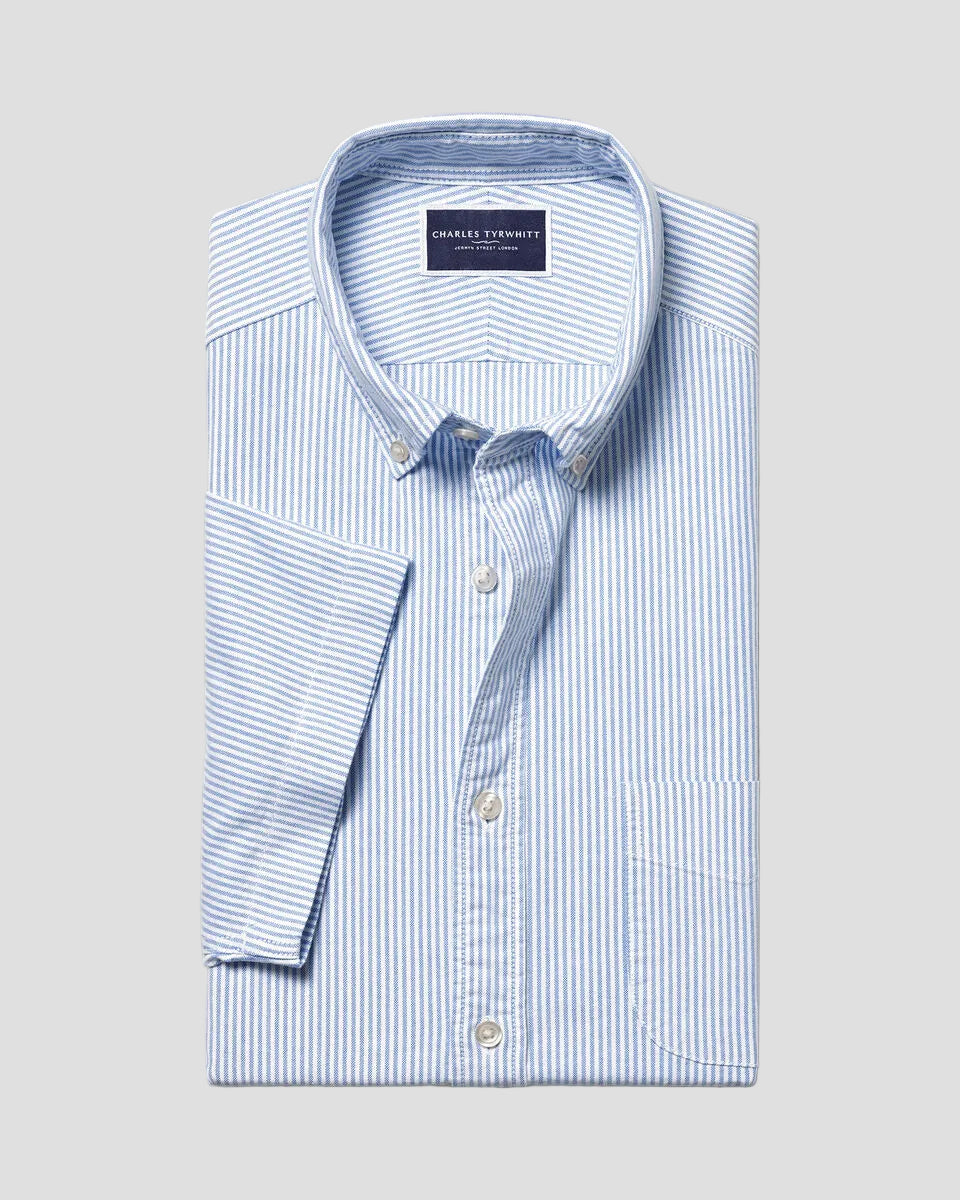 Charles Tyrwhitt Short Sleeve Stretch Washed Oxford Stripe Shirt - Blue